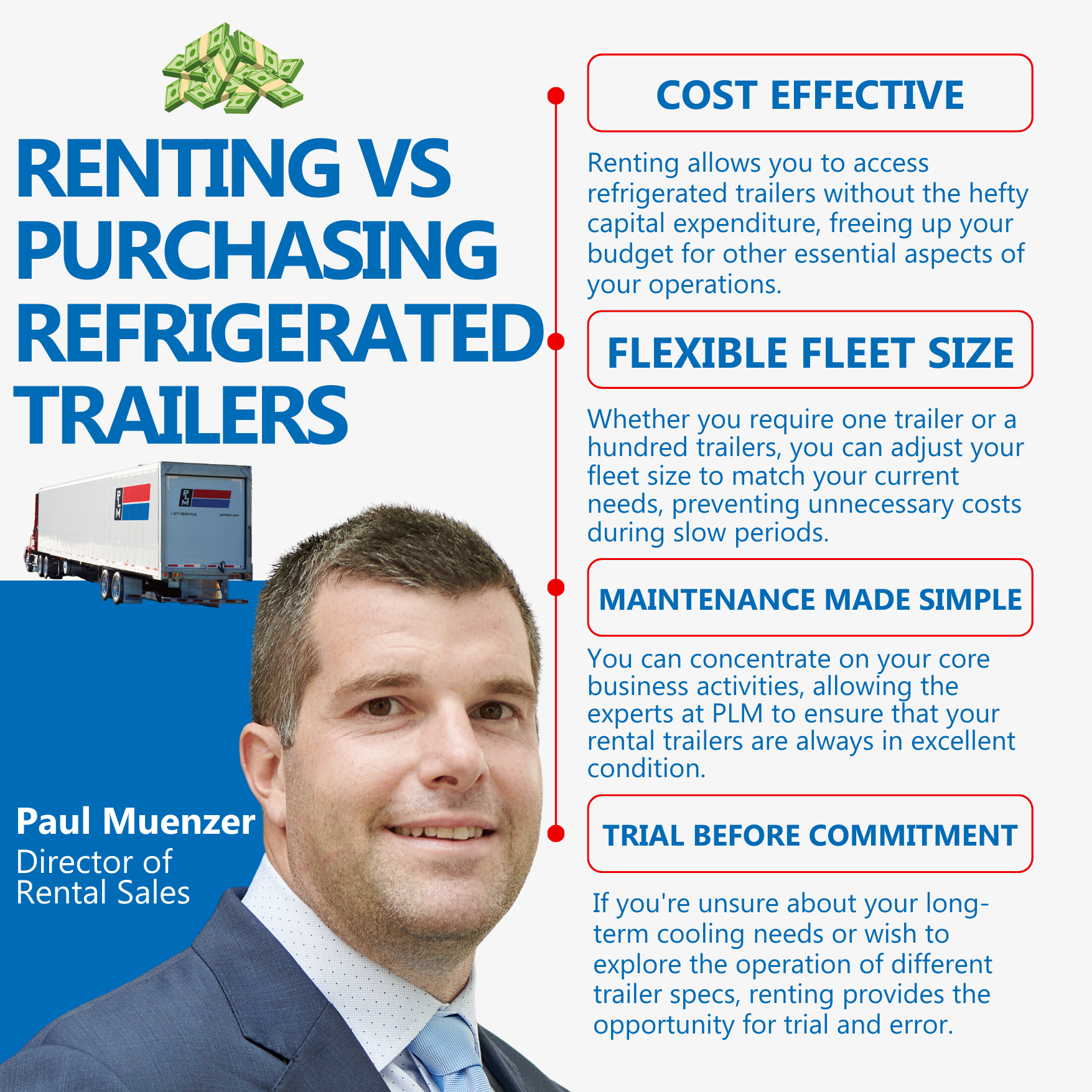 Why should you rent instead of purchase refrigerated trailers? Renting is cost effective, allows you to have a flexible fleet size, offers full-service fleet maintenance, and allows you to trial before commitment.