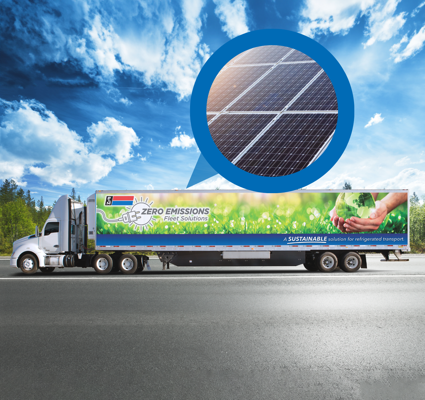Zero Emissions refrigerated trailer with solar panels on top.